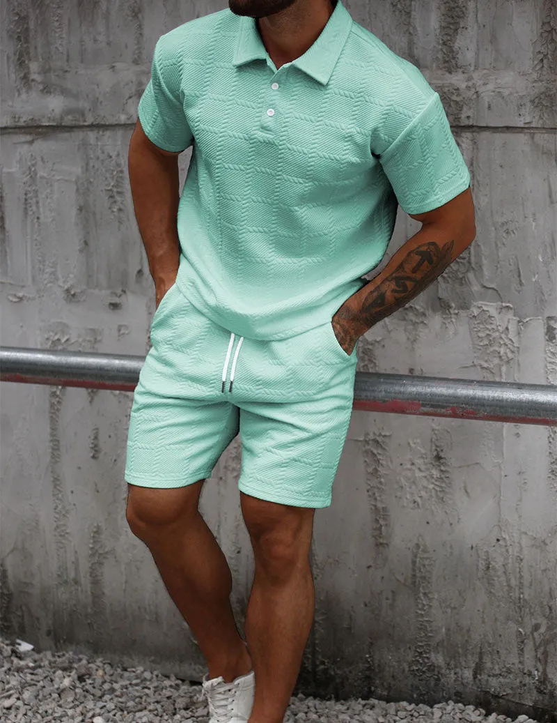 Men's Textured Polo Shirt & Shorts Set Knit Jacquard 2 Piece Outfit sold by Ekouaer product image thumbnail 2