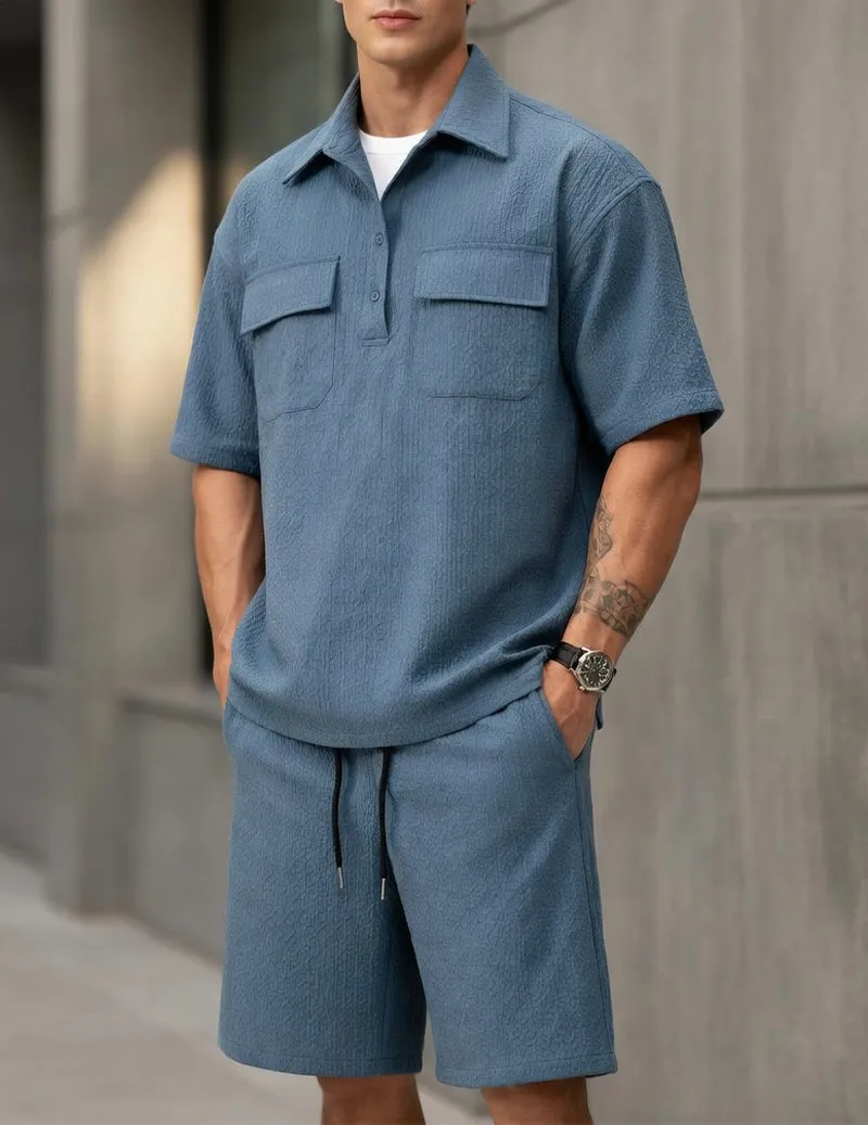 Men's Textured 2-Piece Set – Short Sleeve Polo Shirt & Drawstring Shorts sold by Ekouaer
