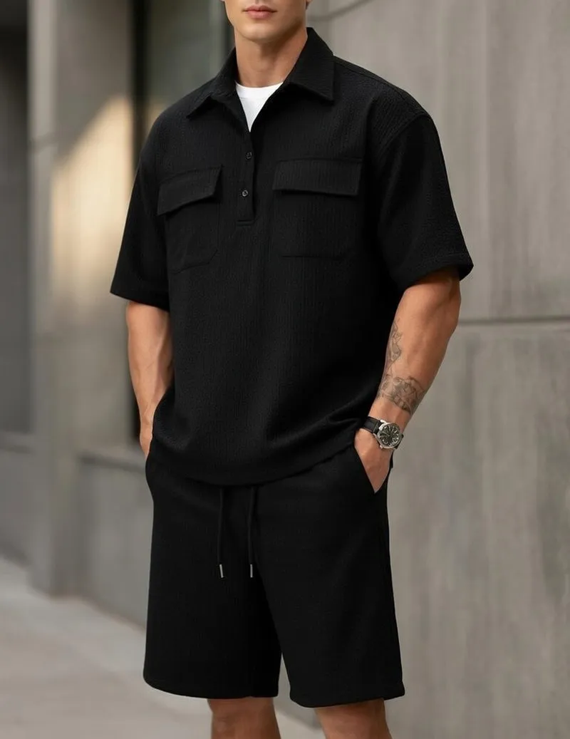 Men's Textured 2-Piece Set – Short Sleeve Polo Shirt & Drawstring Shorts sold by Ekouaer product image thumbnail 2