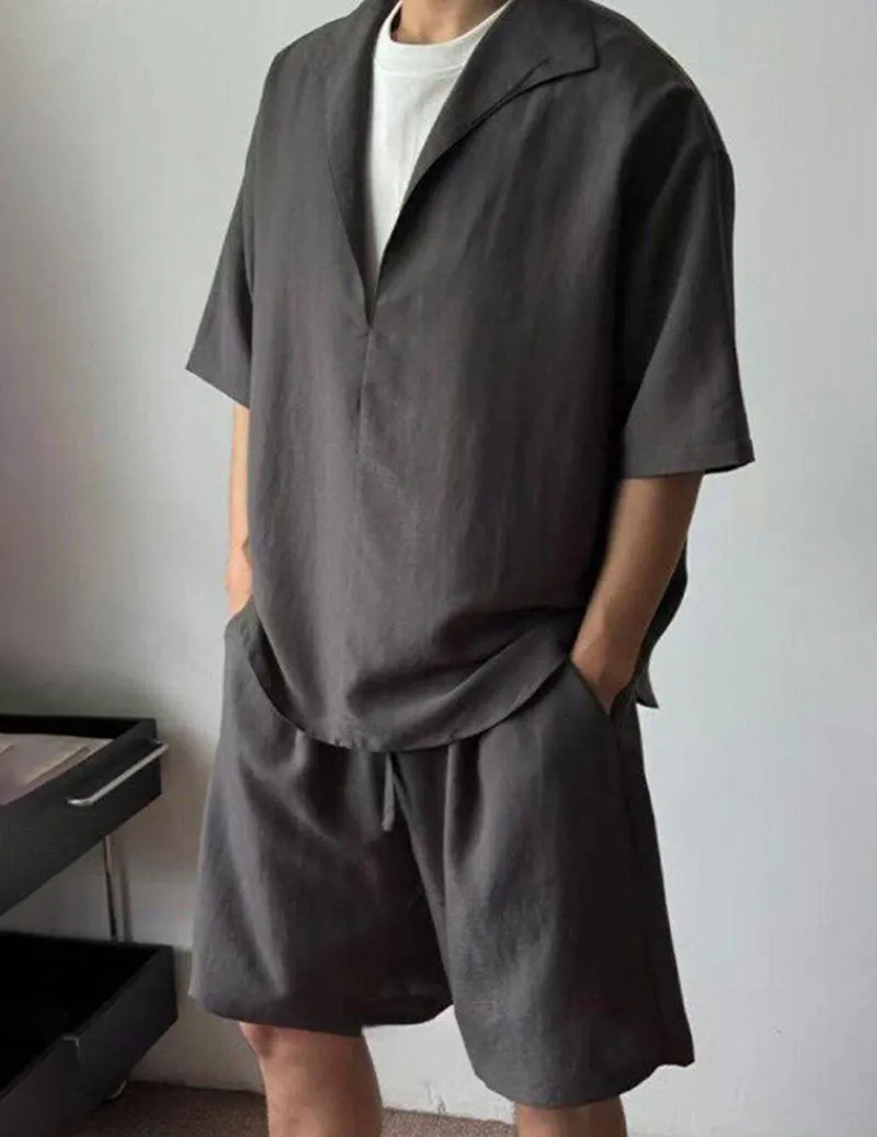 Men's 2-Piece Linen Set Short Sleeve Shirt & Drawstring Shorts sold by Ekouaer
