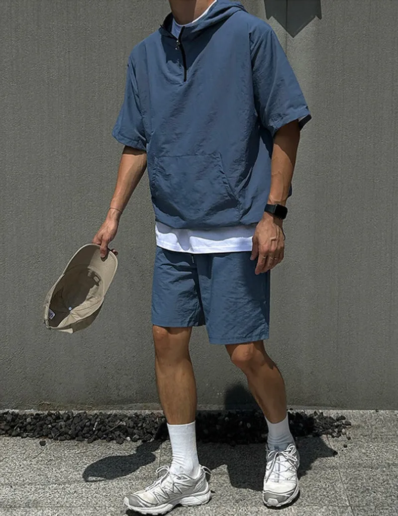 Men's Short Sleeve Hooded Tracksuit Half Zip Pullover & Shorts Set sold by Ekouaer product image thumbnail 2