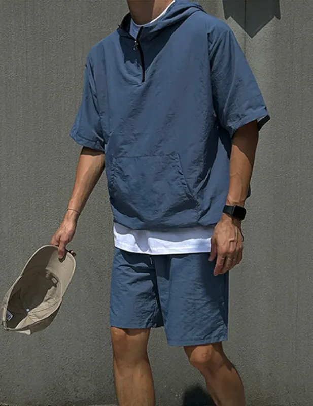 Men's Short Sleeve Hooded Tracksuit Half Zip Pullover & Shorts Set made by Ekouaer