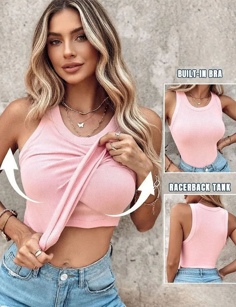 Women's Twist Front Crop Tank Top Ribbed Knit Built-in Shelf Bra sold by Ekouaer product image thumbnail 5