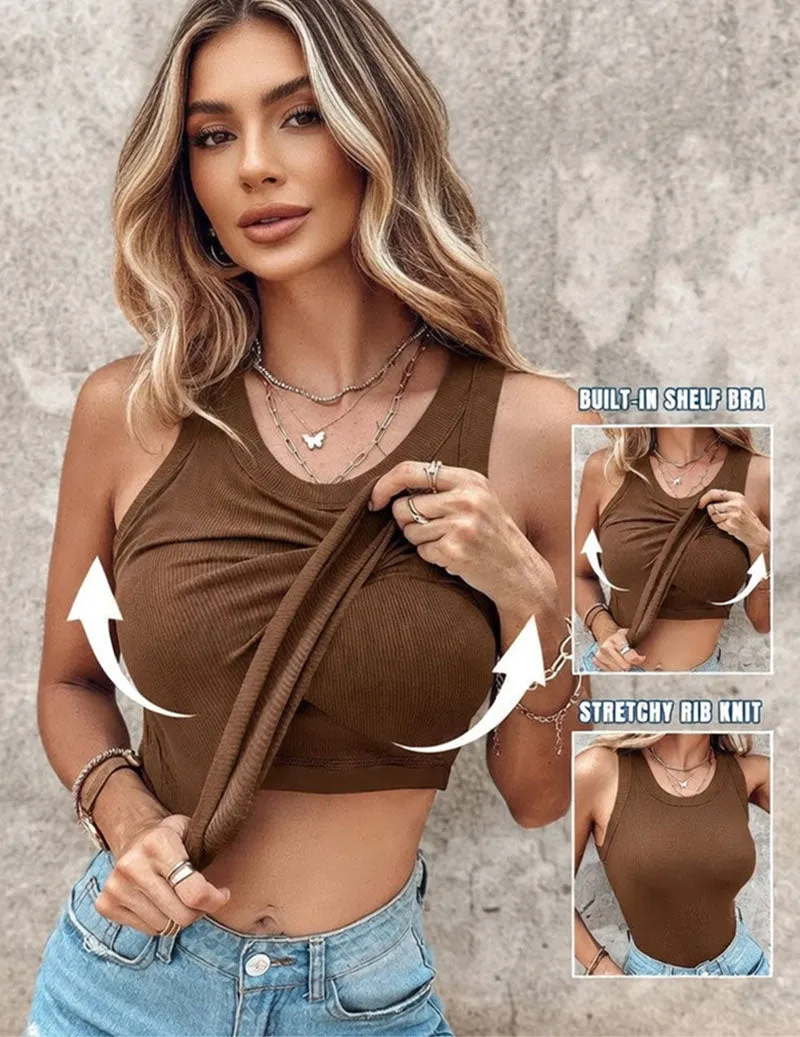 Women's Twist Front Crop Tank Top Ribbed Knit Built-in Shelf Bra sold by Ekouaer product image thumbnail 3