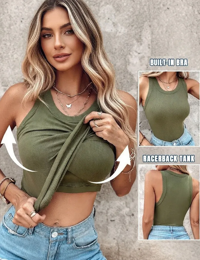 Women's Twist Front Crop Tank Top Ribbed Knit Built-in Shelf Bra sold by Ekouaer product image thumbnail 4