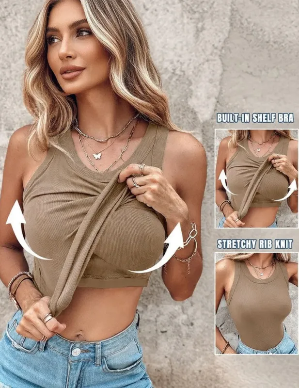 Women's Twist Front Crop Tank Top Ribbed Knit Built-in Shelf Bra made by Ekouaer