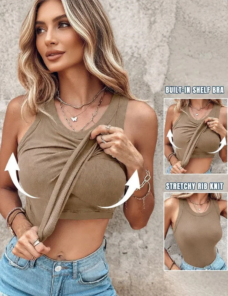 Women's Twist Front Crop Tank Top Ribbed Knit Built-in Shelf Bra sold by Ekouaer