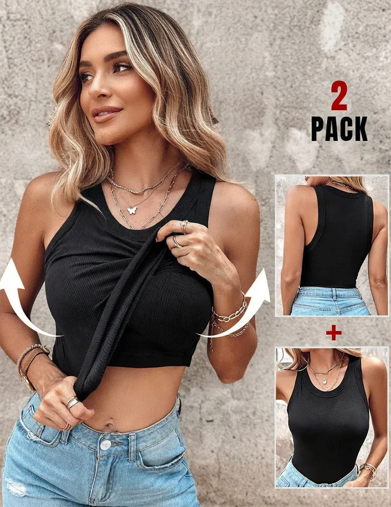 Women's Twist Front Crop Tank Top Ribbed Knit Built-in Shelf Bra sold by Ekouaer product image thumbnail 2