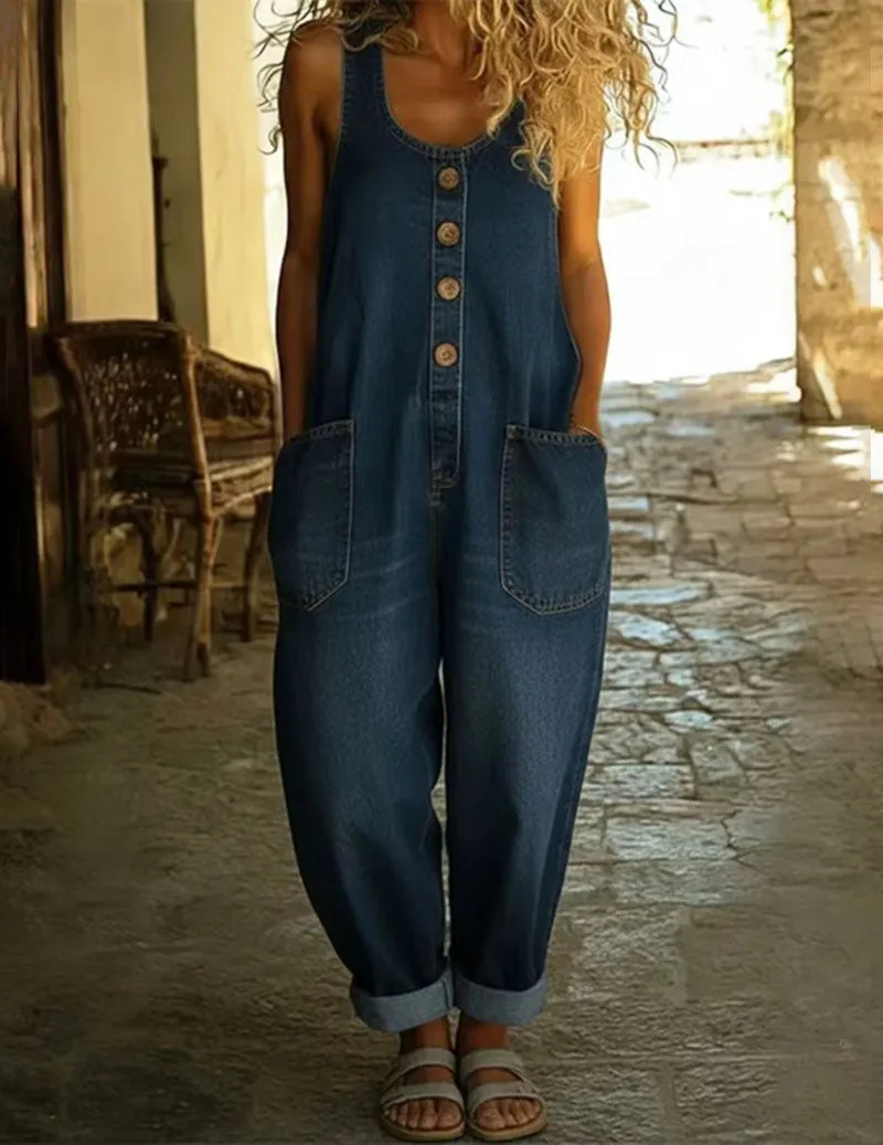 Denim Jumpsuit Sleeveless Button Front Wide Leg Overalls with Pockets sold by Ekouaer product image thumbnail 5