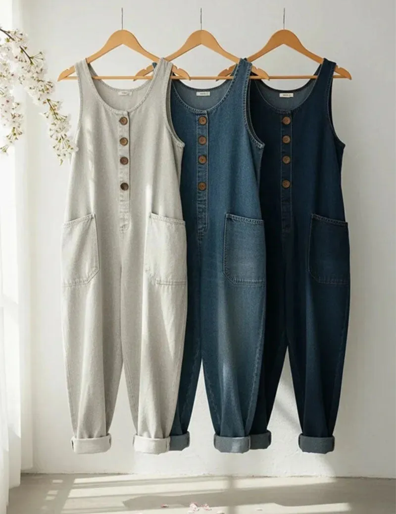 Denim Jumpsuit Sleeveless Button Front Wide Leg Overalls with Pockets sold by Ekouaer product image thumbnail 4