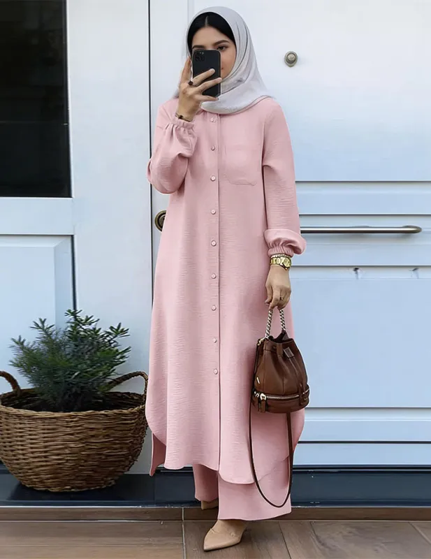 Women’s 2-Piece Set Button Down Shirt Tunic & Wide Leg Pants made by Ekouaer