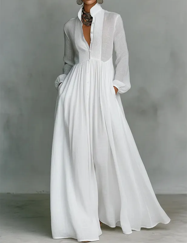 Long Sleeve Button Down Maxi Dress Pleated Chiffon Dress made by Ekouaer