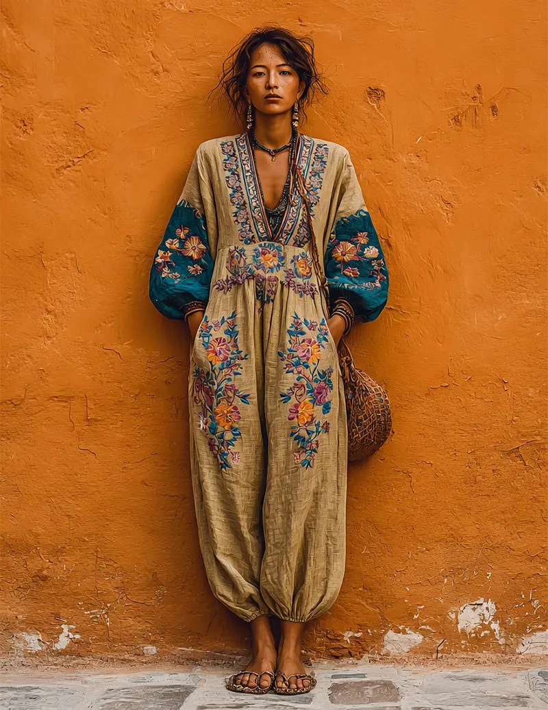 Linen Boho Jumpsuit Floral Embroidered V-Neck Harem Jumpsuit sold by Ekouaer product image thumbnail 2
