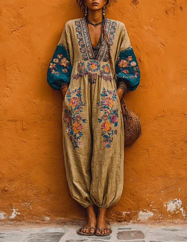 Linen Boho Jumpsuit Floral Embroidered V-Neck Harem Jumpsuit made by Ekouaer