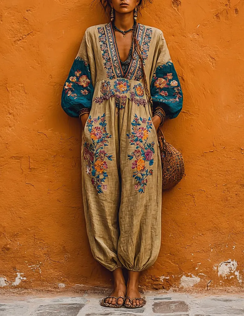 Linen Boho Jumpsuit Floral Embroidered V-Neck Harem Jumpsuit sold by Ekouaer