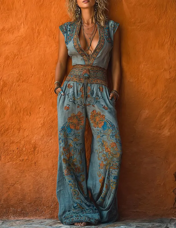 Linen Boho Jumpsuit Floral Print Deep V Neck Wide Leg Jumpsuit made by Ekouaer