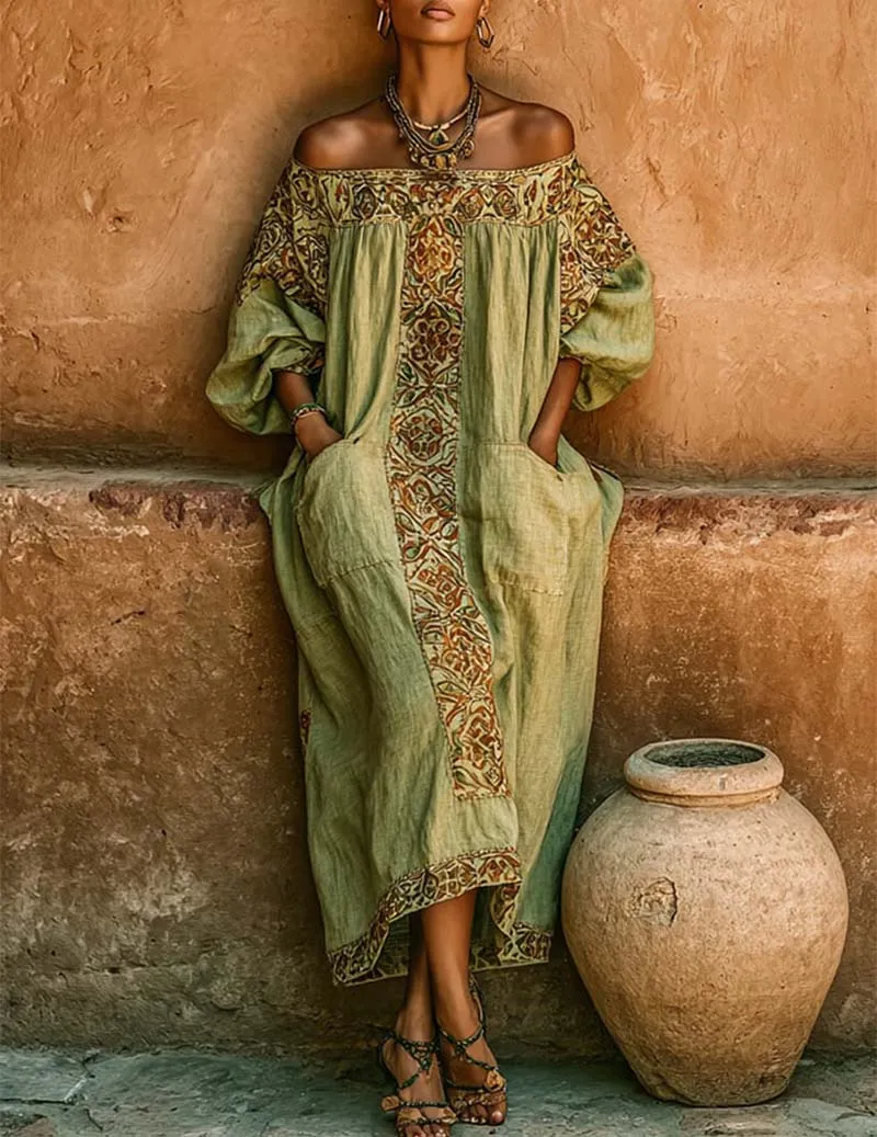 Linen Off Shoulder Dress Bohemian Embroidered Maxi Dress with Pockets sold by Ekouaer