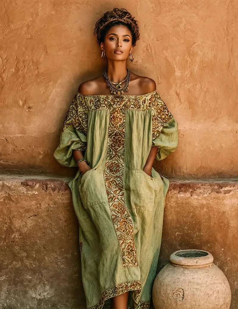 Linen Off Shoulder Dress Bohemian Embroidered Maxi Dress with Pockets sold by Ekouaer product image thumbnail 2