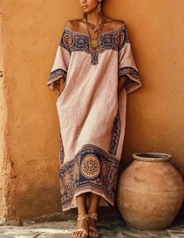 Linen Off Shoulder Dress Bohemian Floral Print Maxi Dress made by Ekouaer