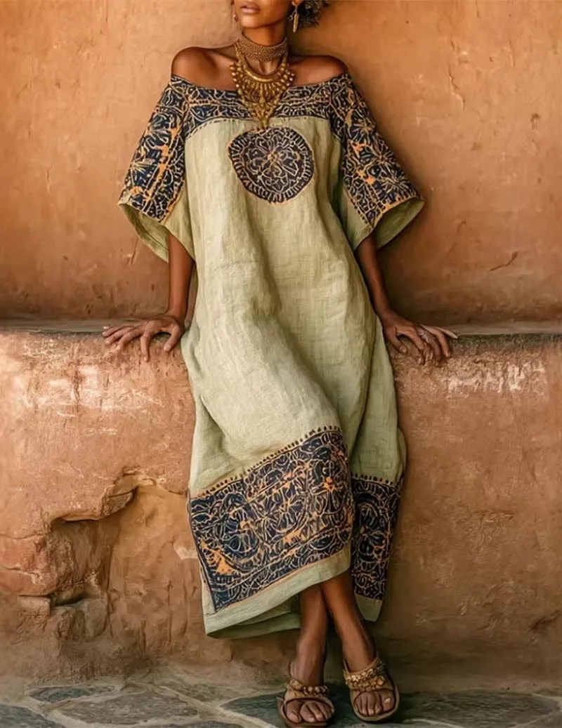Linen Off Shoulder Dress Bohemian Floral Print Maxi Dress sold by Ekouaer product image thumbnail 2