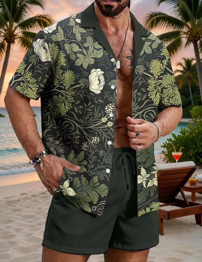 Men's Hawaiian Shirt and Shorts Set Vintage Floral Print Beach Outfit sold by Ekouaer product image thumbnail 4