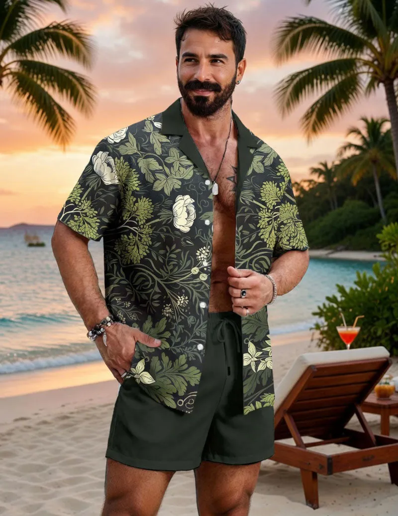 Men's Hawaiian Shirt and Shorts Set Vintage Floral Print Beach Outfit sold by Ekouaer product image thumbnail 3