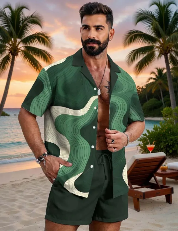 Men's Hawaiian Shirt and Shorts Set Abstract Wave Print Outfit made by Ekouaer