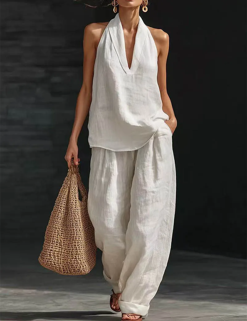 Linen Two Piece Set Halter Deep V Neck Top & Wide Leg Pants Boho Outfit sold by Ekouaer