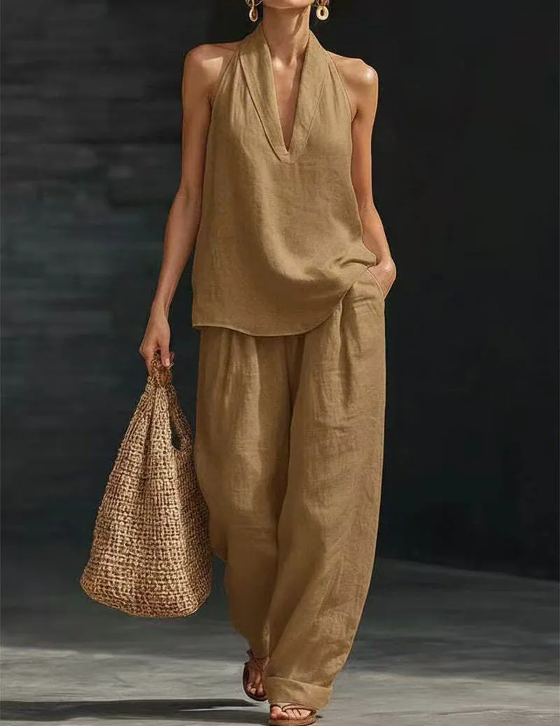 Linen Two Piece Set Halter Deep V Neck Top & Wide Leg Pants Boho Outfit sold by Ekouaer product image thumbnail 4