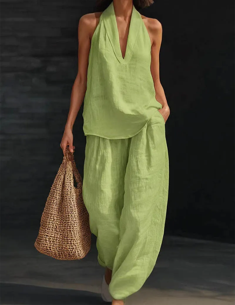 Linen Two Piece Set Halter Deep V Neck Top & Wide Leg Pants Boho Outfit sold by Ekouaer product image thumbnail 2