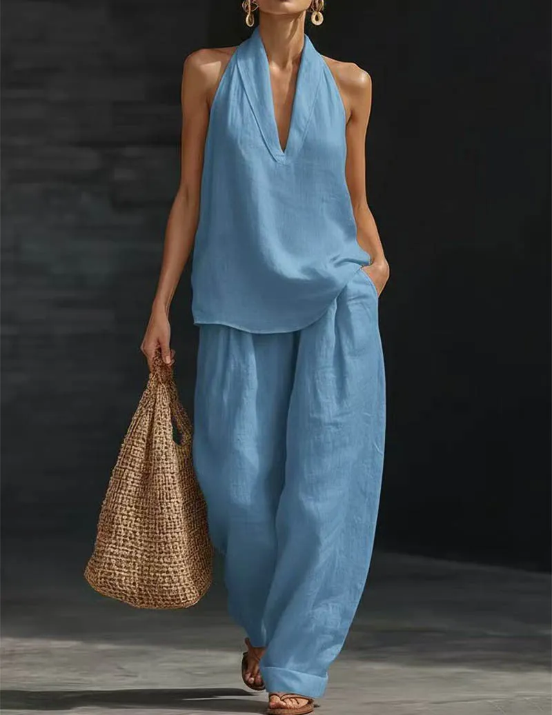 Linen Two Piece Set Halter Deep V Neck Top & Wide Leg Pants Boho Outfit sold by Ekouaer product image thumbnail 5