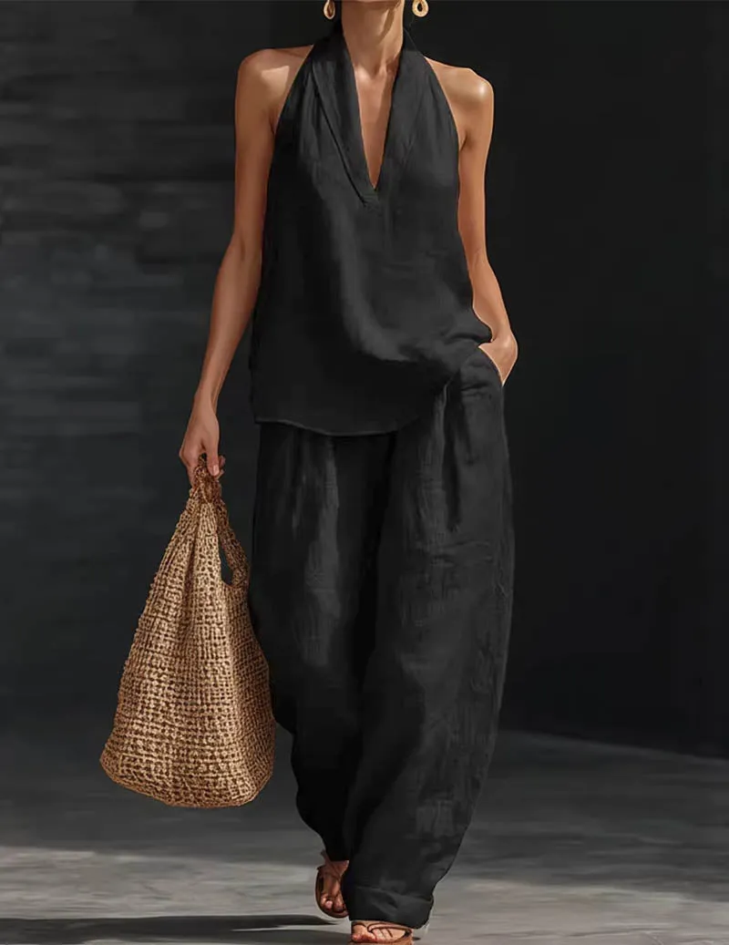 Linen Two Piece Set Halter Deep V Neck Top & Wide Leg Pants Boho Outfit sold by Ekouaer product image thumbnail 3