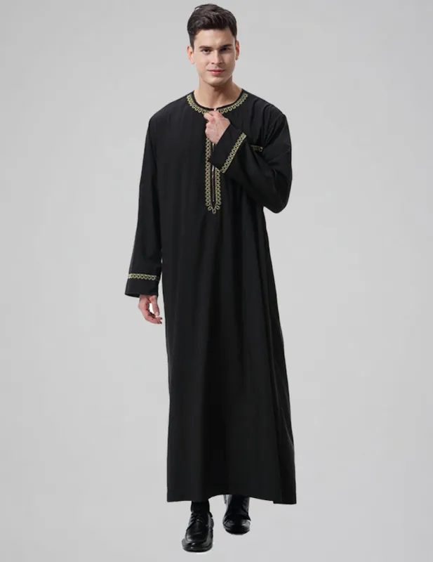 Men's Embroidered Thobe Kandura Long Sleeve Zipper Trim Robe made by Ekouaer