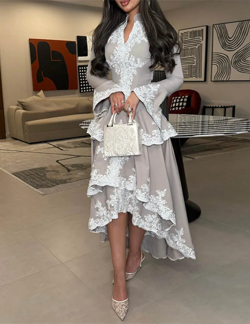 Stand Collar Dress Asymmetrical Ruffle Lace Formal Midi Dress sold by Ekouaer product image thumbnail 3