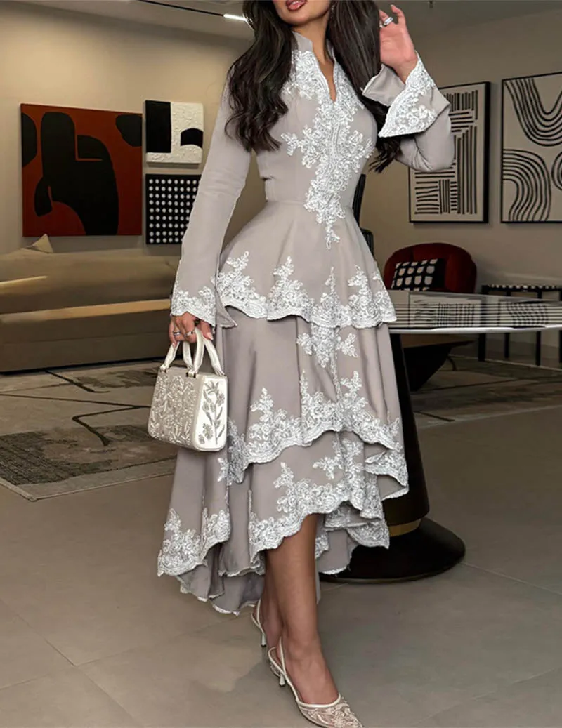 Stand Collar Dress Asymmetrical Ruffle Lace Formal Midi Dress sold by Ekouaer product image thumbnail 4