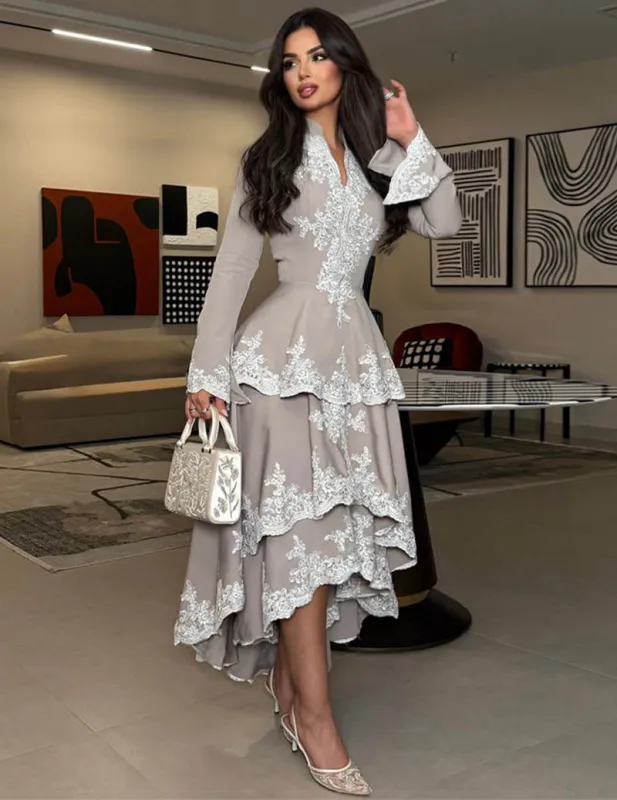 Stand Collar Dress Asymmetrical Ruffle Lace Formal Midi Dress made by Ekouaer