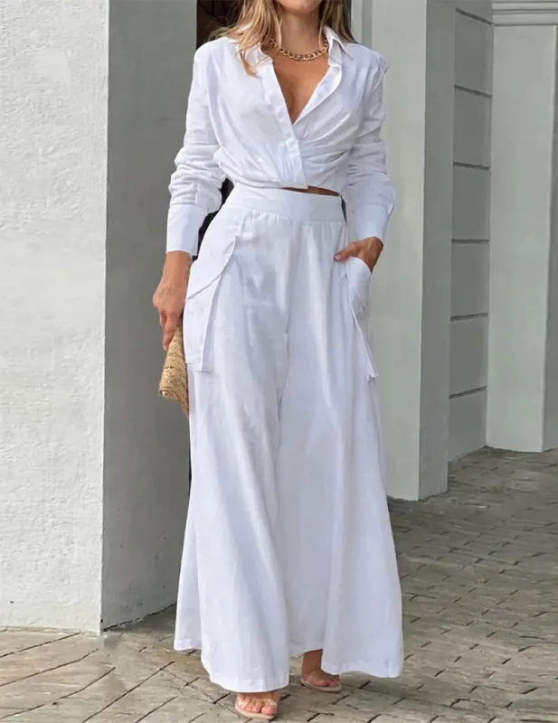 Linen Two Piece Set Twist Front Crop Shirt & Wide Leg Cargo Pants made by Ekouaer