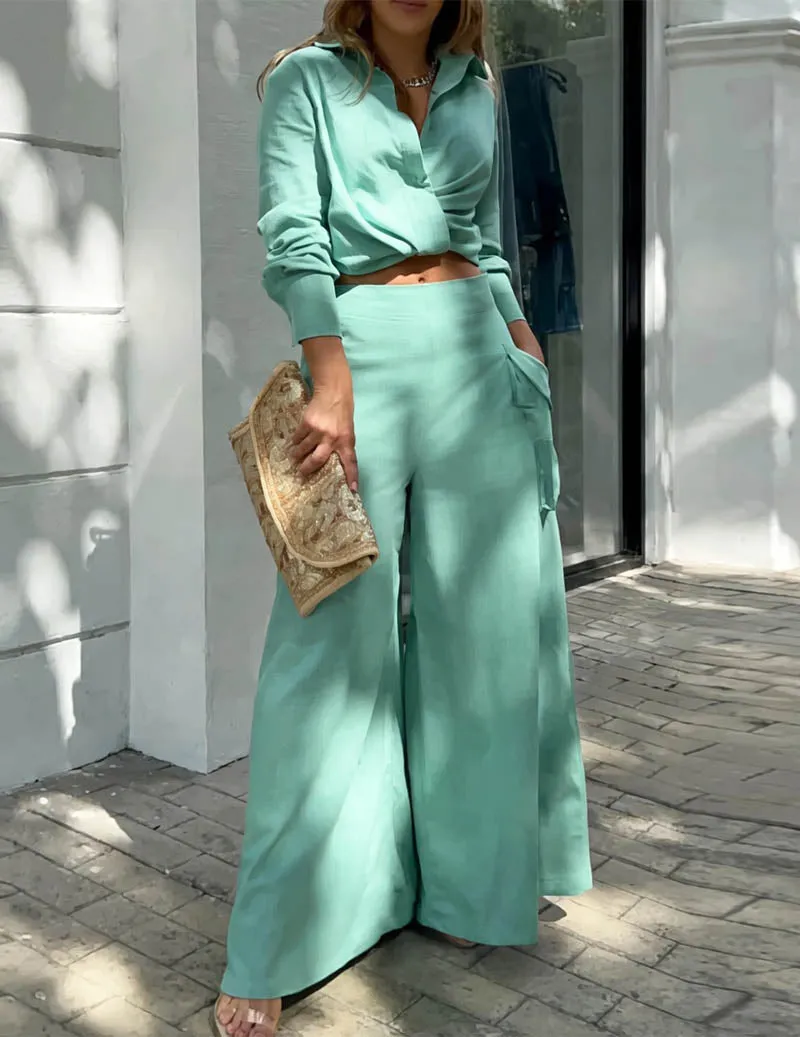 Linen Two Piece Set Twist Front Crop Shirt & Wide Leg Cargo Pants sold by Ekouaer product image thumbnail 2