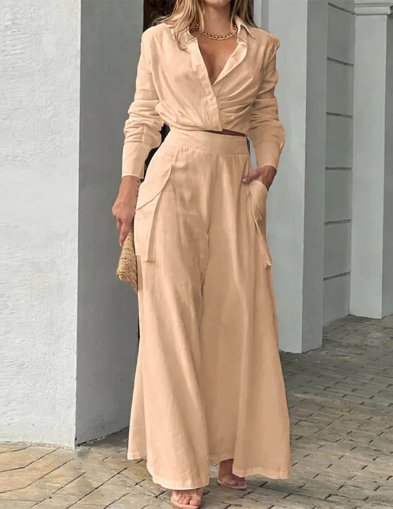 Linen Two Piece Set Twist Front Crop Shirt & Wide Leg Cargo Pants sold by Ekouaer product image thumbnail 5