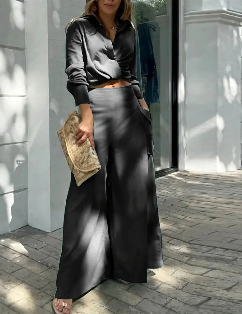 Linen Two Piece Set Twist Front Crop Shirt & Wide Leg Cargo Pants sold by Ekouaer product image thumbnail 3