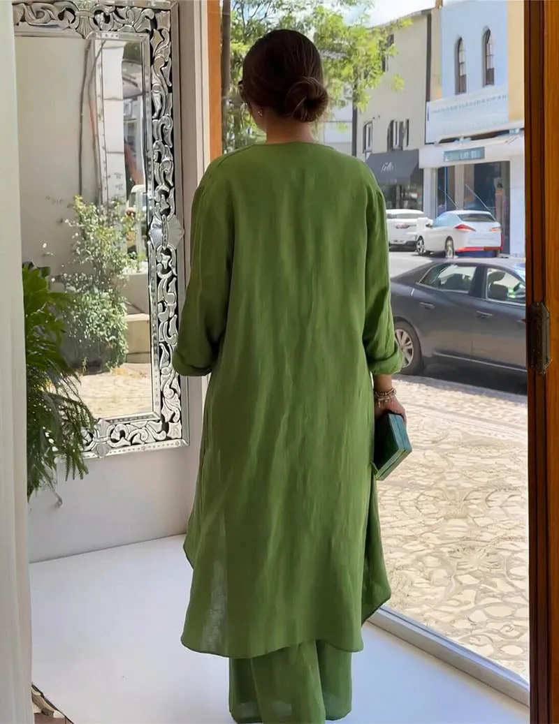 Linen Two Piece Set Long Open Front Cardigan & Wide Leg Pants sold by Ekouaer product image thumbnail 2