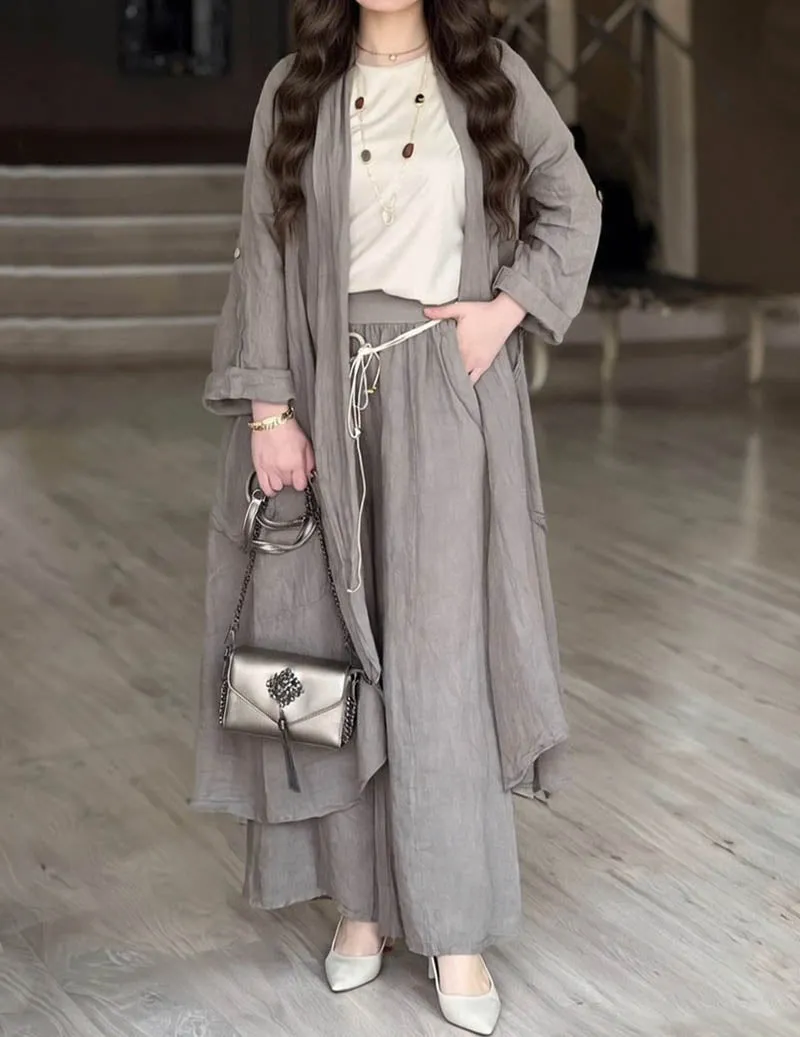 Linen Two Piece Set Long Open Front Cardigan & Wide Leg Pants sold by Ekouaer product image thumbnail 3
