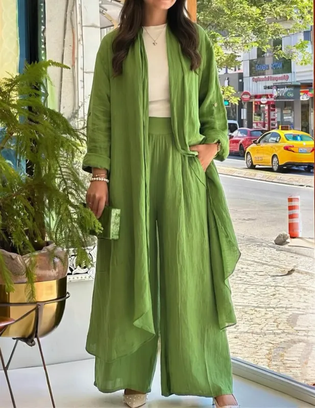 Linen Two Piece Set Long Open Front Cardigan & Wide Leg Pants made by Ekouaer