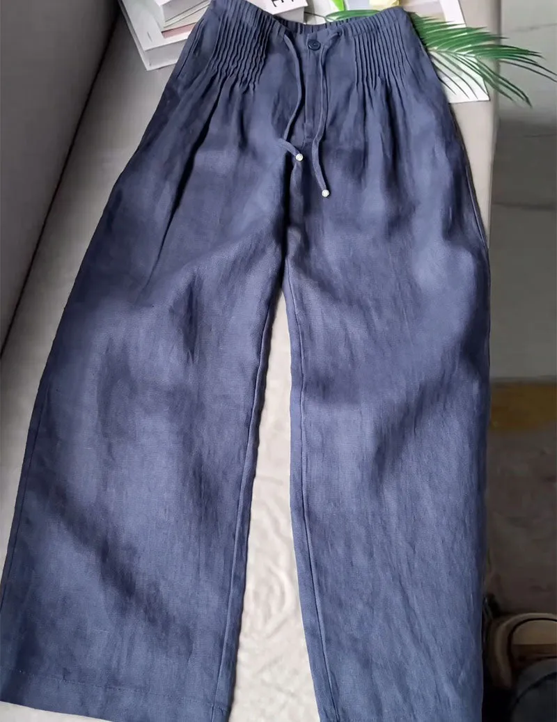 Linen Wide Leg Pants Smocked Elastic Waist Palazzo Trousers sold by Ekouaer product image thumbnail 5