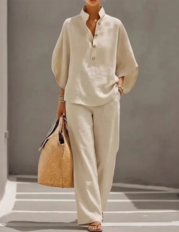 Linen Two Piece Set Mandarin Collar Batwing Sleeve Top & Wide Leg Pants made by Ekouaer