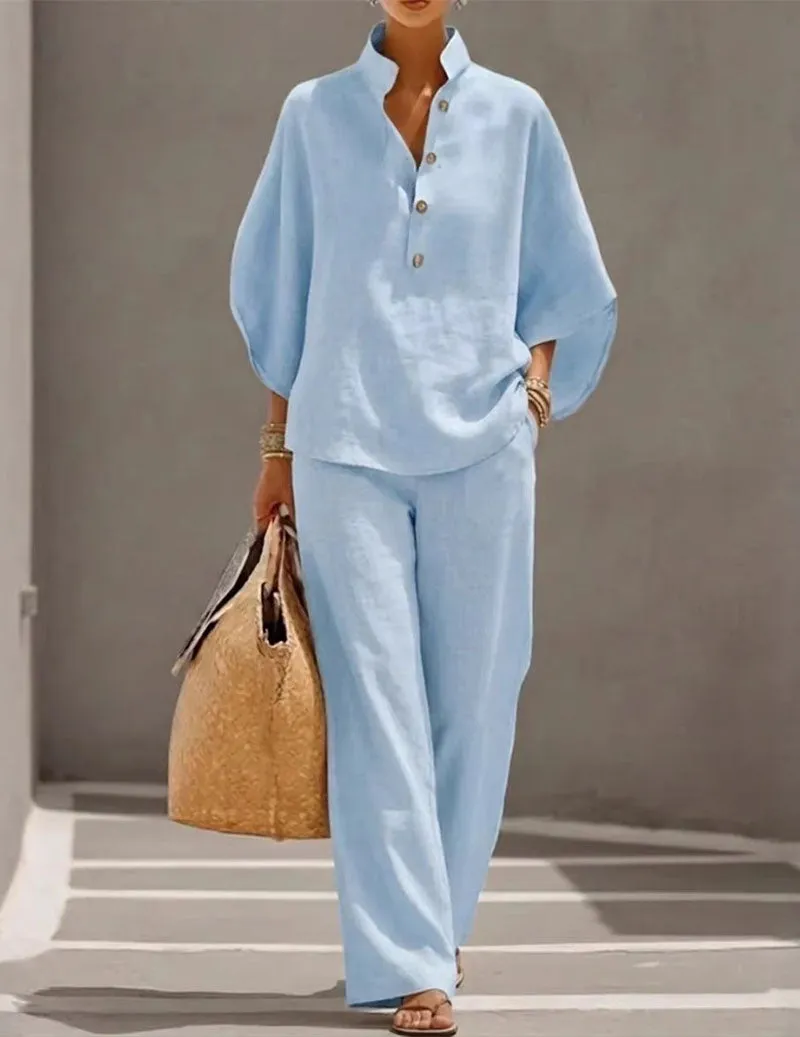 Linen Two Piece Set Mandarin Collar Batwing Sleeve Top & Wide Leg Pants sold by Ekouaer product image thumbnail 3