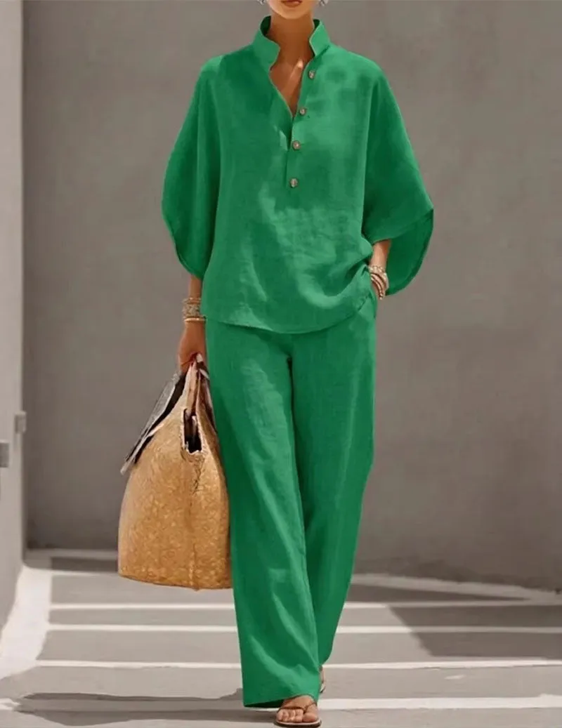 Linen Two Piece Set Mandarin Collar Batwing Sleeve Top & Wide Leg Pants sold by Ekouaer product image thumbnail 5