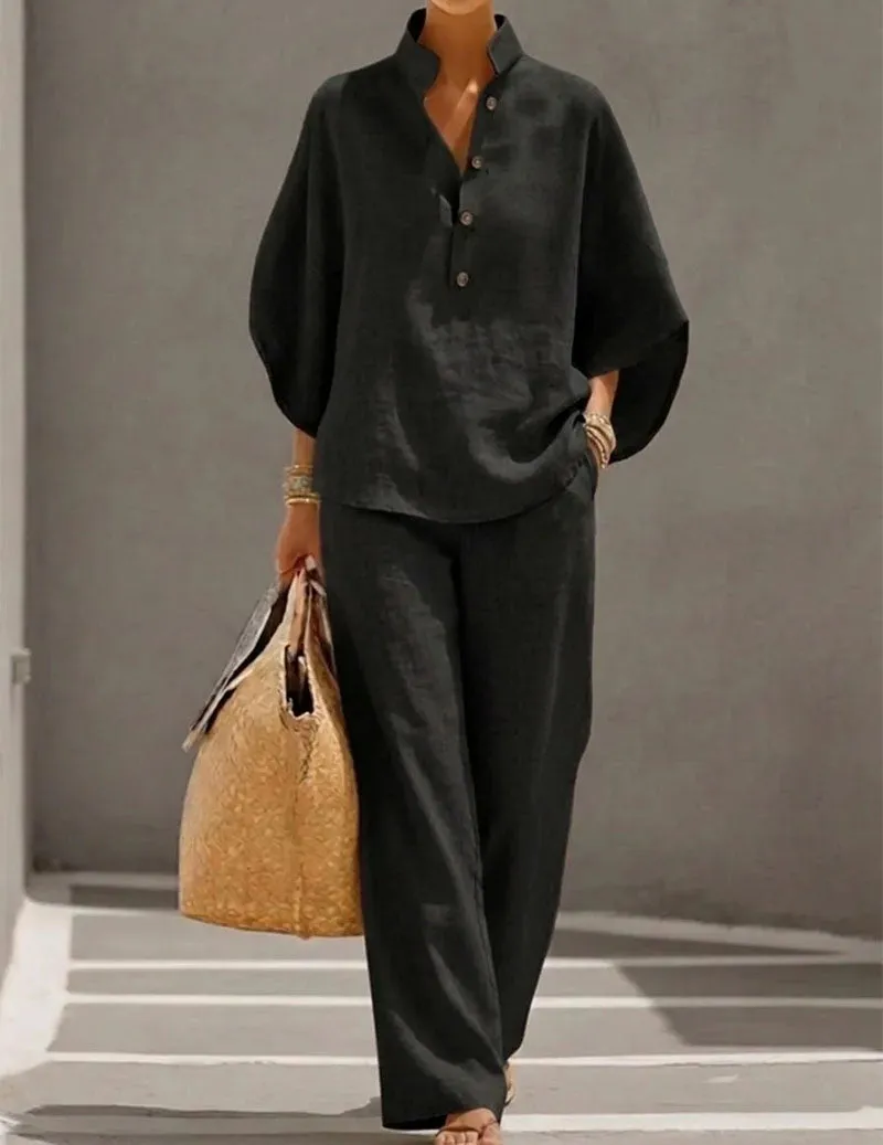 Linen Two Piece Set Mandarin Collar Batwing Sleeve Top & Wide Leg Pants sold by Ekouaer product image thumbnail 2