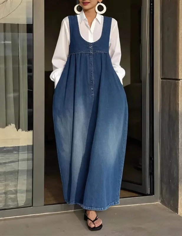 Denim Maxi Dress Loose Fit Sleeveless Overall Casual Sundress made by Ekouaer