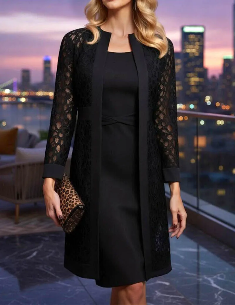 Floral Lace Long Cardigan & Sheath Dress Set Elegant Two Piece Outfit sold by Ekouaer product image thumbnail 4
